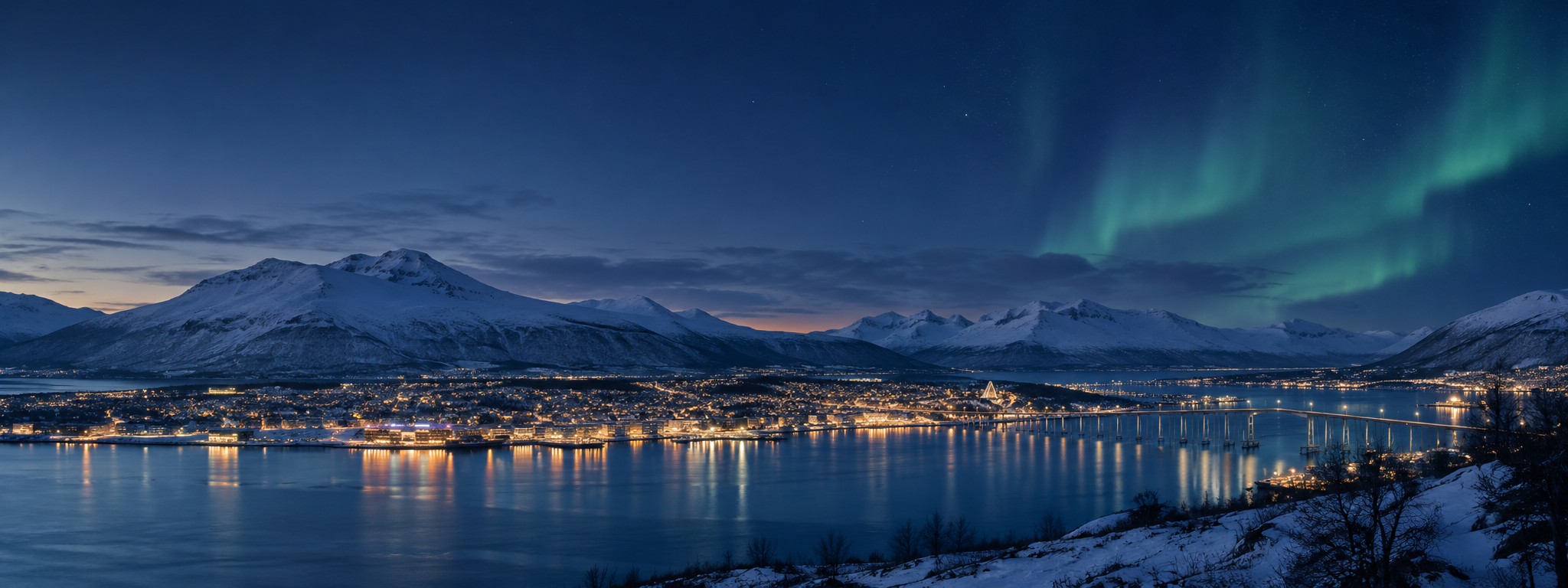 Tromsø at blue hour, surrounded by snowy mountains